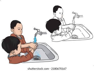 Two Boys Washing Their Hands In The Sink, Line Art And Full Color Vector Illustration, White Background