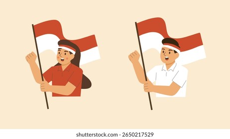 Two boys wave red white flags to celebrate Indonesian Independence Day patriotically