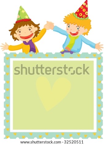 Two boys wearing party hat above a green square