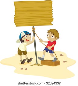 Two boys work together on beach