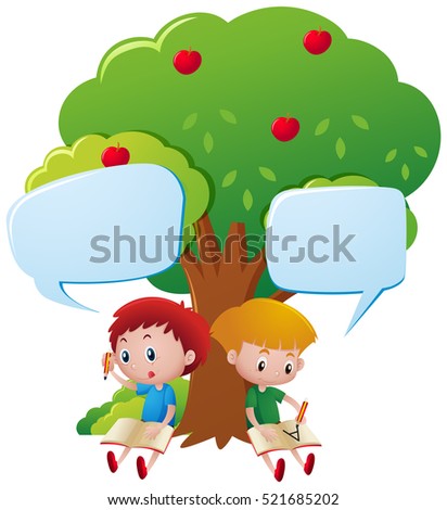 Two boys writing under the tree illustration