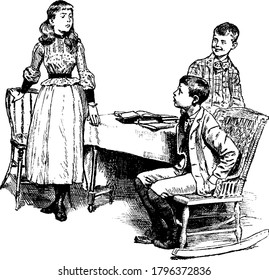 Two boys and a young girl, at a table, talking with each other , vintage line drawing or engraving illustration.