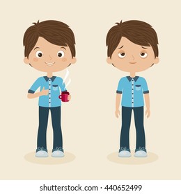 Two boys/men characters: awake and cheerful with cup of coffee and sleepy or tired. Vector cartoon illustration