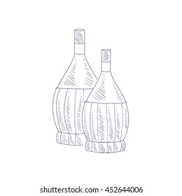 Two Braided Wine Bottles Hand Drawn Realistic Detailed Sketch In Beautiful Classy Style On White Background