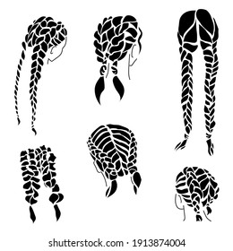 Two braids on hair of different lengths, ornate braided hairstyles silhouettes vector illustration