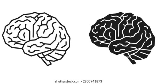 Two brain graphics a line drawing and a solid silhouette presented side-by-side on clean white canvas. Ideal for medical education and conceptual representations.