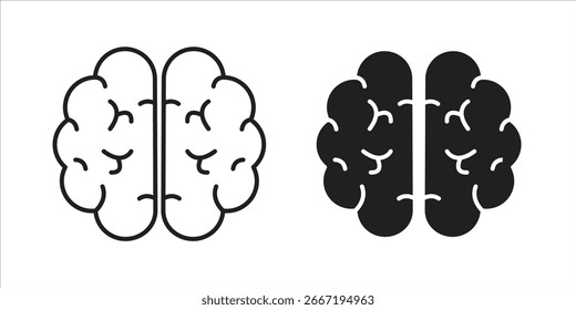 Dos iconos del cerebro: un contorno, un negro sólido. Diseño simple, limpio, aislado en blanco.
