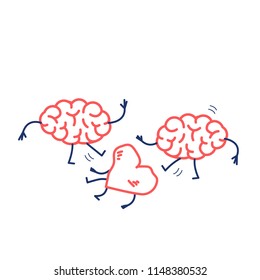 Two brains attacking heart on the ground. Vector concept illustration of sensitivity and feeling under attack of dominant mind | flat design linear infographic icon red and blue on white background