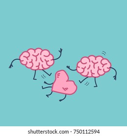 Two brains attacking heart on the ground. Vector concept illustration of sensitivity and feeling under attack of dominant mind | flat design linear infographic icon on blue background