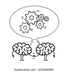 Two brains cooperation. Vector concept illustration of teamwork handshake with bubble with moving gears | flat design linear infographic black on white background