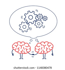 Two brains cooperation. Vector concept illustration of teamwork handshake with bubble with moving gears | flat design linear infographic red and blue on white background