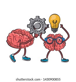 two brains with glasses holding gear and bulb light cartoon vector illustration graphic design
