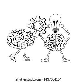 two brains with glasses holding gear and bulb light cartoon vector illustration graphic design