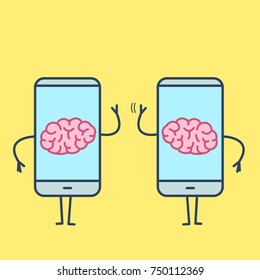 Two brains inside smartphones. Vector concept illustration of brain caged in modern technology | flat design linear infographic icon on yellow background