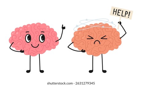 Two brains mascot healthy and unhealthy cartoon childish illustration. Happy brain giving thumbs up or sad sick character. Check health brain mental organ. Vector medical comic poster