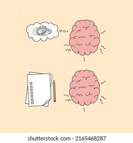 Two Brains with a Speech bubble of confusing thoughts and a fresh notebook; place with text. Mental Health Solution from Confusing thoughts. Therapy for anxiety disorder Bipolar disorder concept.