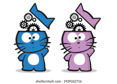 Dos personajes de gatito con lluvia de ideas en la cabeza. Ilustración del vector sobre fondo blanco