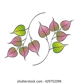 two branch of bo leaf in green & pink-vector drawing