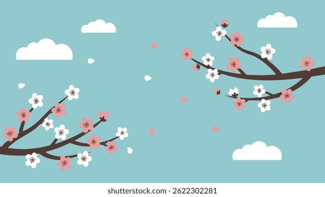 Two branches of cherry blossoms with pink and white flowers, with clouds and falling petals.