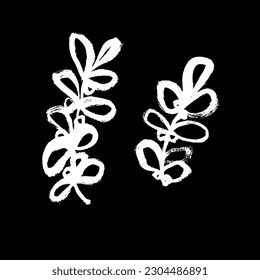 Two branches in oriental style. Vector drawing by hand, ink, brush. Sketch, doodle, minimalism. White on black. Eps10