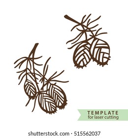 Two branches of pine with fir cone. Template for making a stamp or laser cutting. Vector illustration