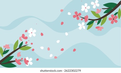 Two branches with pink and white cherry blossoms, green leaves, and falling petals against a light blue wavy background.