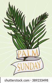 Two branches with a white ribbon around it and golden text inside for Palm Sunday holiday.