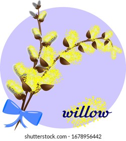 two branches of willow blossom in yellow flowers, tied with a blue bow, on a blue background