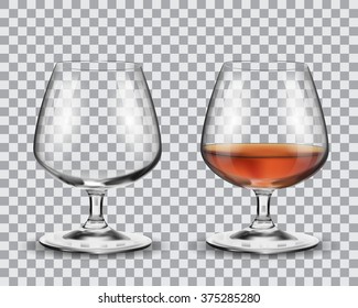 Two brandy glasses (empty and with alcohol) isolated on transparent background