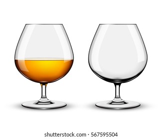 Two brandy glasses (empty and with alcohol) isolated on white background