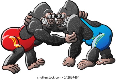 Two brave gorillas, wearing blue and red uniforms, starting to fight in a wrestling competition