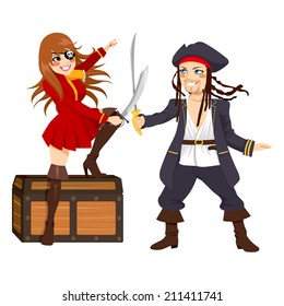 Two brave pirates, one male and one female, fighting with swords over treasure chest