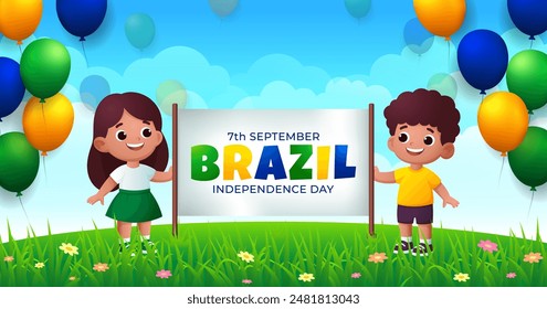 Two Brazilian children explain a Brazilian Independence Day sign, with a beautiful tropical cartoon background