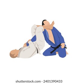 Two Brazilian Jiu Jitsu Athletes fighting choke. Flat vector illustration isolated on white background