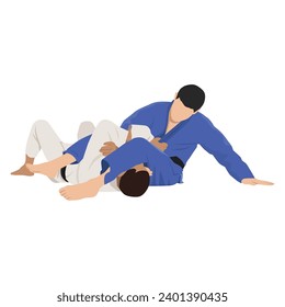 Two Brazilian Jiu Jitsu Athletes fighting choke. Flat vector illustration isolated on white background