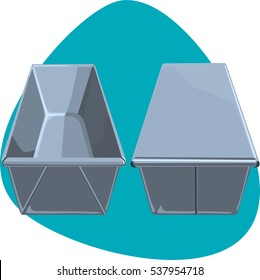 Two bread loaf pans with cover and without. Open and closed metallic rectangular pan for baking bread. Isolated. On aquamarine background.