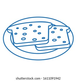 two bread toasts on a plate, blue linear icon on white isolated background