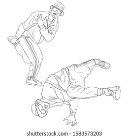 Two breakdancers make dance moves. black, white, monochrome, outline, comic, illustration.