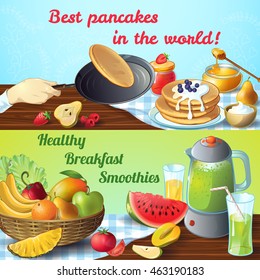 Two breakfast colored conceptswith titles best pancakes and healthy breakfast smoothies vector illustration