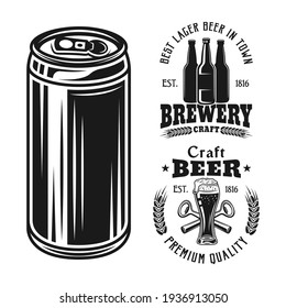 Two brewery emblems, badges, labels or logos and beer can set of vector elements isolated on white background