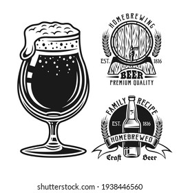 Two brewery emblems, badges, labels or logos and beer glass set of vector elements isolated on white background