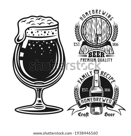 Two brewery emblems, badges, labels or logos and beer glass set of vector elements isolated on white background