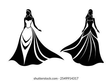 Zwei Bräute in einem fließenden Kleid Silhouette