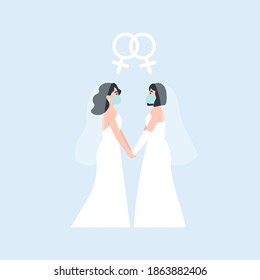 Dos novias se toman las manos. С oronavirus matrimonio de amor del mismo sexo. Máscara protectora médica en el matrimonio. Ilustración de dibujos animados de vector plano.
