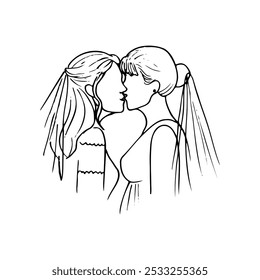 two brides kissing, lesbian wedding - hand drawn line sketch