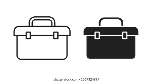 Two briefcase icons, one line art and one solid black, isolated on white. Simple, professional design.