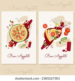 Dos posters brillantes y hermosos con pizza. Vector