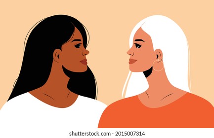 Dos mujeres hermosas y brillantes. Damas de cabello blanco y negro, piel perfecta. Hermosas mujeres jóvenes, con vistas laterales. Cabeza y hombros. Retratos femeninos de primer plano en el estilo vectorial moderno