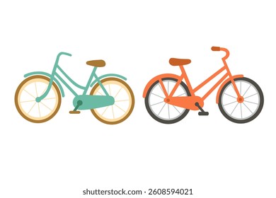 Two bright bicycles in flat cartoon style. Spring clipart for outdoor travel and leisure.