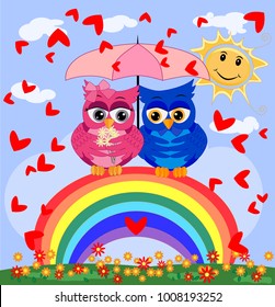 Two bright, cartoon, beautiful owls pink and blue, a girl and a boy with beautiful eyes are sitting under an umbrella on a seven-colored rainbow hiding from love. Love is in the air